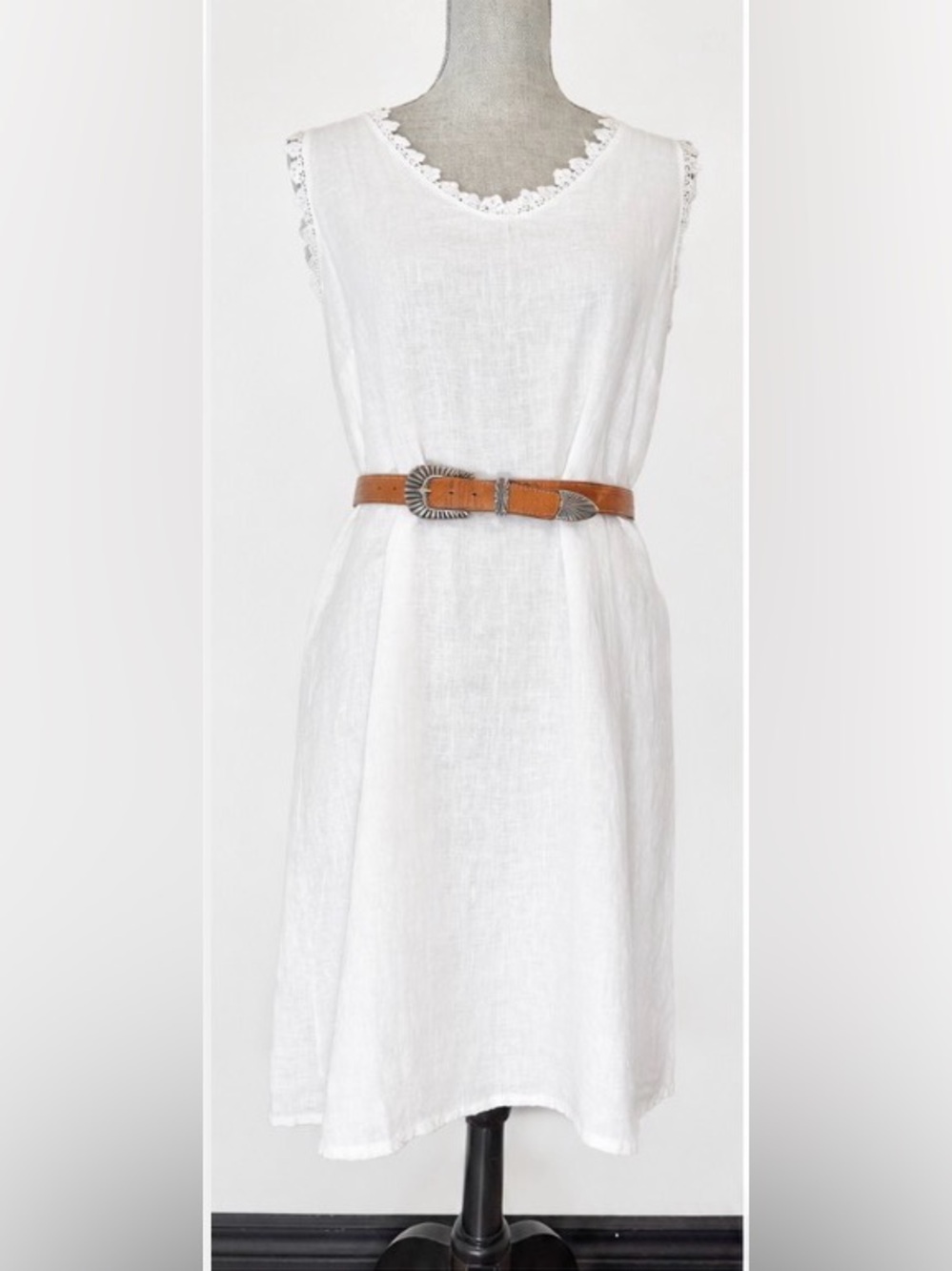 Bellambra White Linen Sleeveless Lace-Trim Shift Dress Size XS